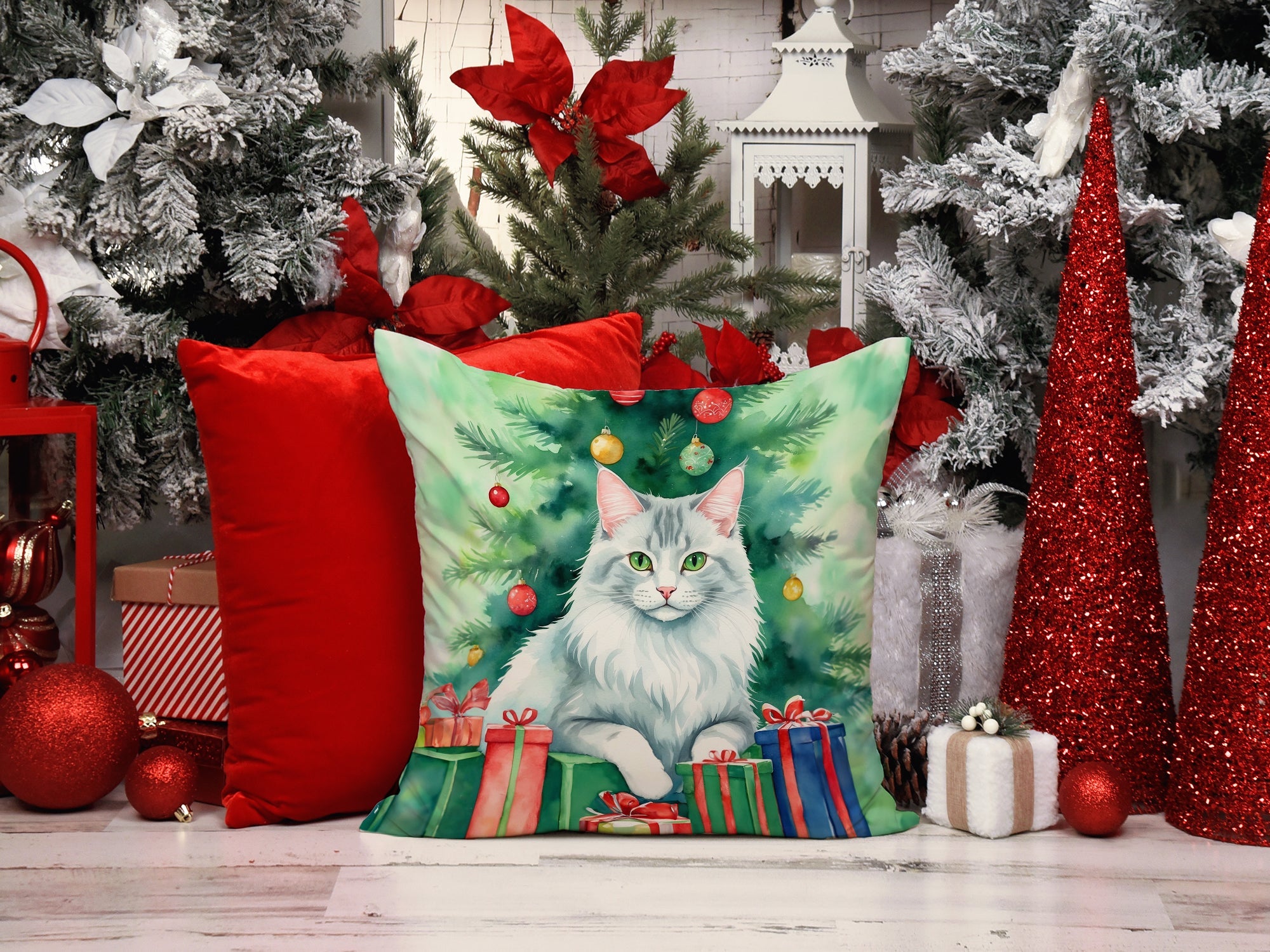 Turkish Angora Cat By the Christmas Tree Decorative Throw Pillow 18x18 Indoor Outdoor Accent Cushion, Fabric Cover with Insert for Sofa, Bed, Porch & Living Room