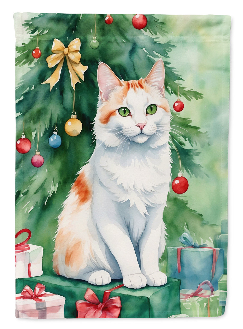 Turkish Van Cat By the Christmas Tree House Flag 28x40 Porch Sleeve Pole Decorative Outside Yard Banner Artwork Wall Hanging, Polyester