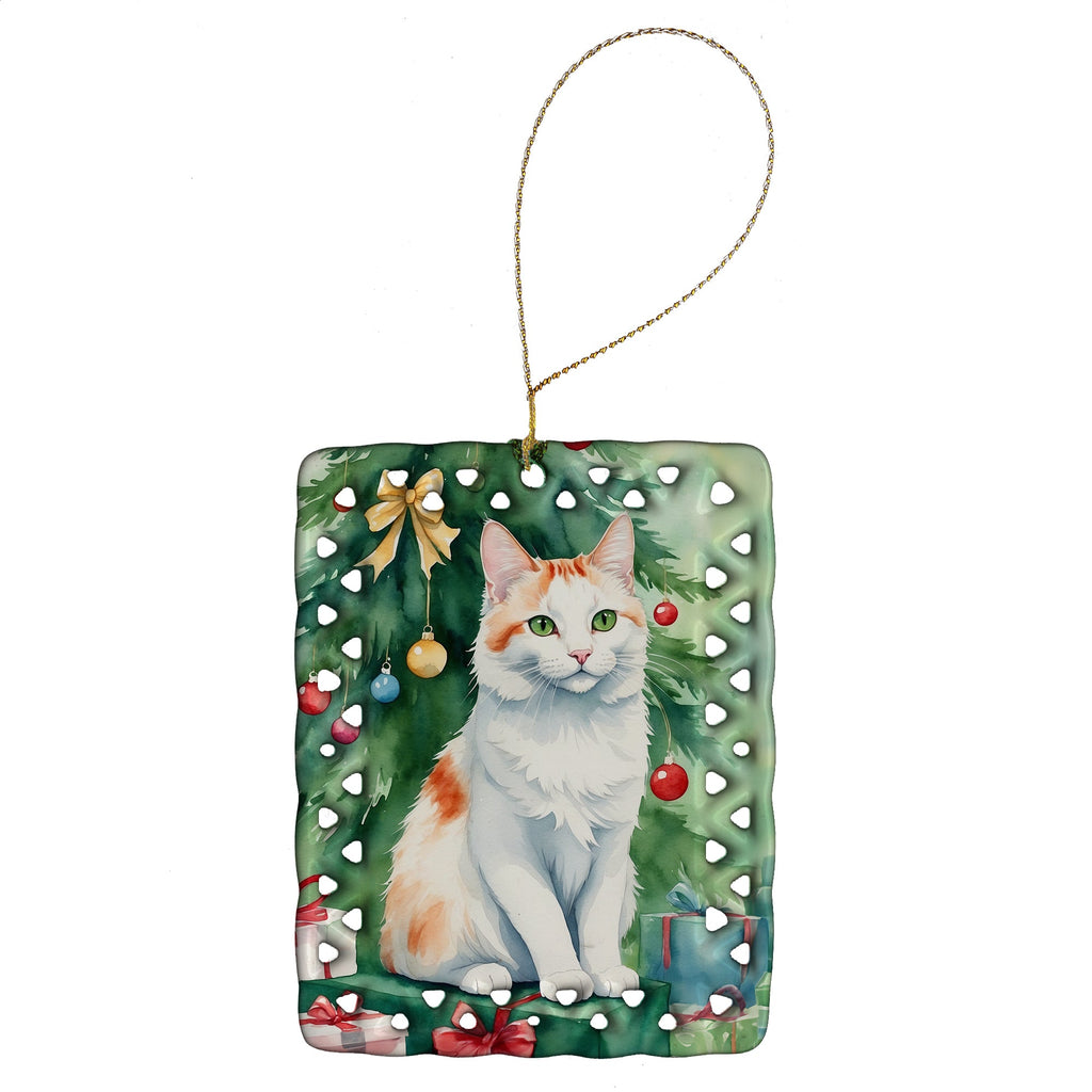 Turkish Van Cat By the Christmas Tree Porcelain Ornament Christmas Tree Hanging Decorations for Home Christmas Holiday, Rectangle, Gift, Multicolor