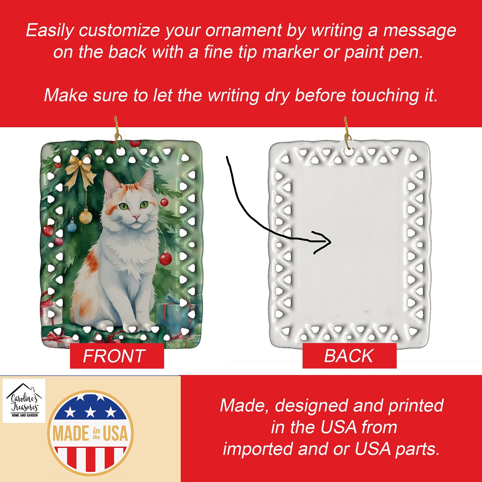 Turkish Van Cat By the Christmas Tree Porcelain Ornament Christmas Tree Hanging Decorations for Home Christmas Holiday, Rectangle, Gift, Multicolor