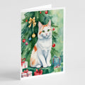 Turkish Van Cat By the Christmas Tree Greeting Cards Pack of 8 Blank Cards with Envelopes Whimsical A7 Size 5x7