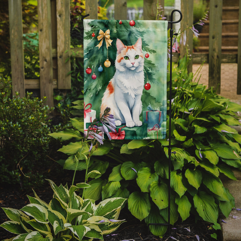 Turkish Van Cat By the Christmas Tree Garden Flag Mailbox Decorative Yard Banner Outside Patio Artwork for Flower Beds, Garden Size, Multicolor