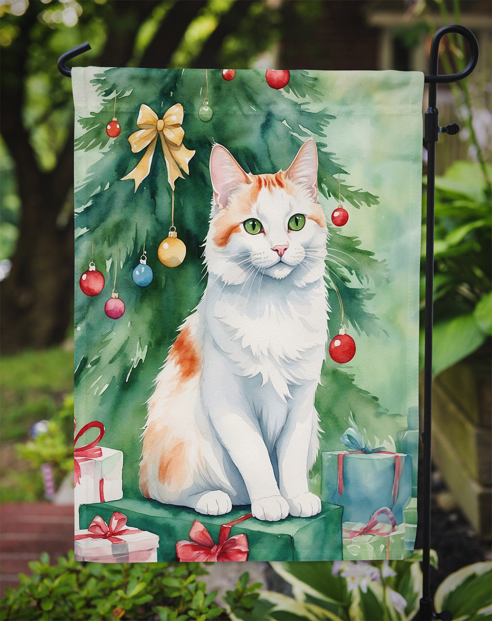 Turkish Van Cat By the Christmas Tree Garden Flag Mailbox Decorative Yard Banner Outside Patio Artwork for Flower Beds, Garden Size, Multicolor