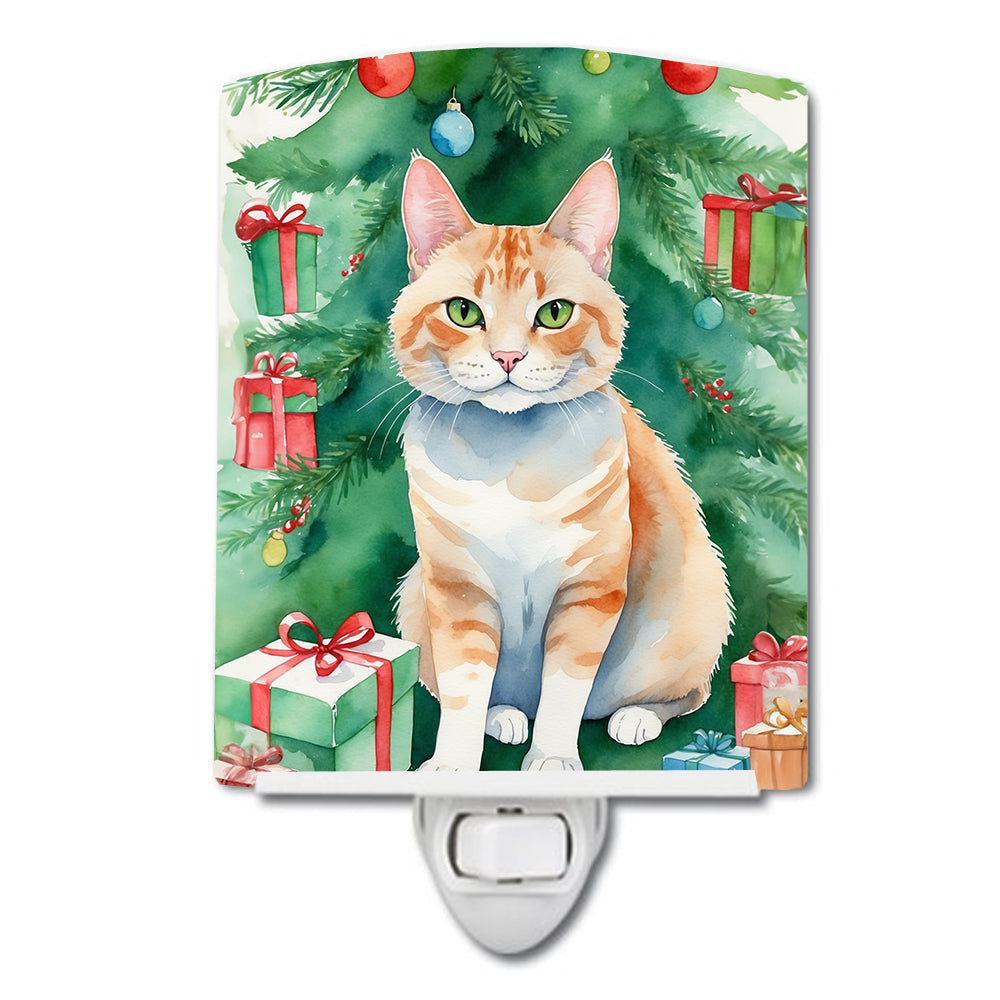 Ural Rex Cat By the Christmas Tree Ceramic Night Light Compact, UL-Certified, Ideal for Bedroom, Bathroom, Nursery, Hallway, Kitchen, 6x4x3, Multicolor