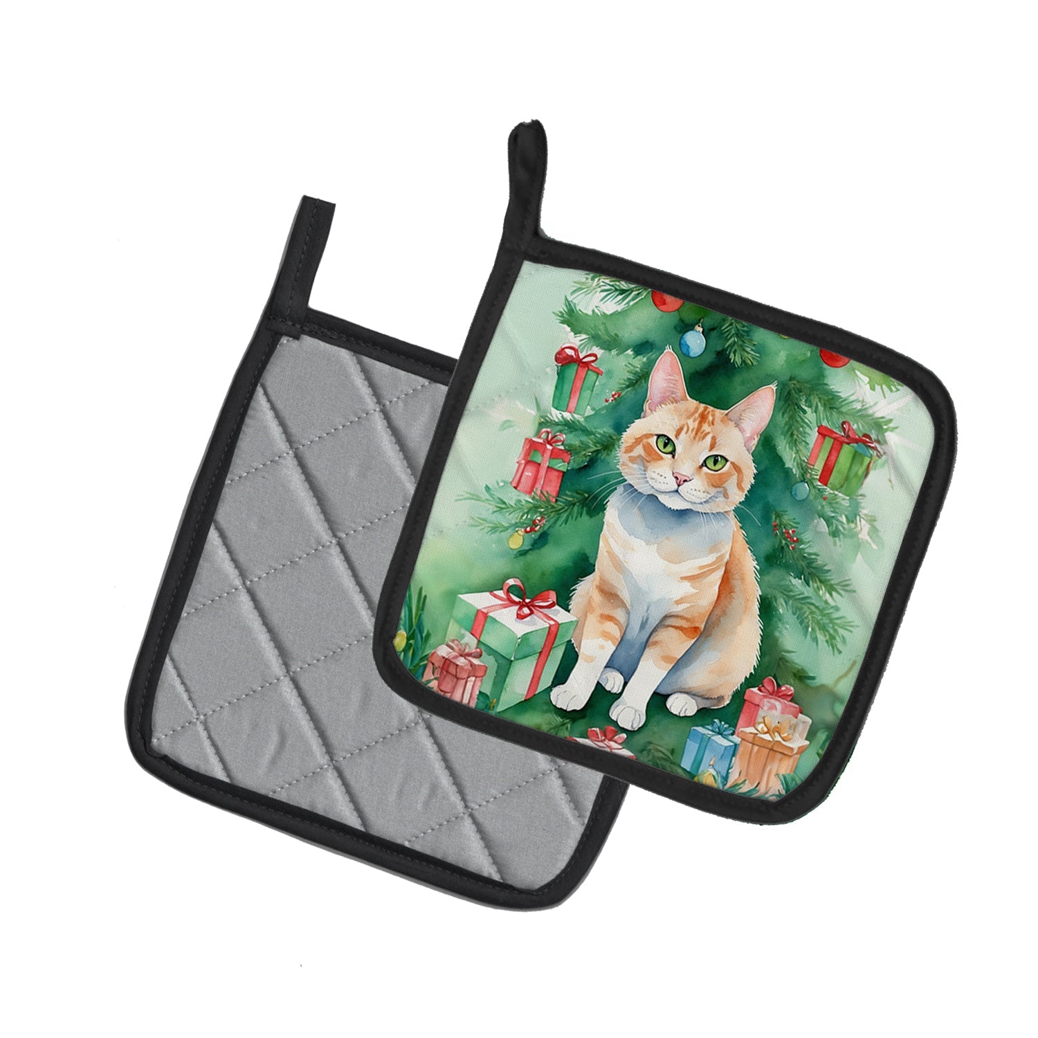 Ural Rex Cat By the Christmas Tree Pot Holder Set of 2 Heat Resistant Quilted Hot Pads 7.5 x 7.5 Inch, Insulated Kitchen Trivets for Cooking & Baking