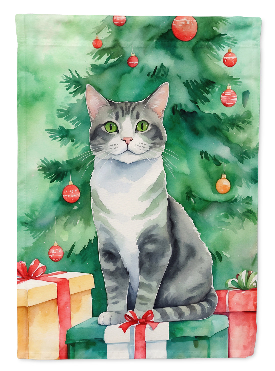Ural Rex Cat By the Christmas Tree House Flag 28x40 Porch Sleeve Pole Decorative Outside Yard Banner Artwork Wall Hanging, Polyester