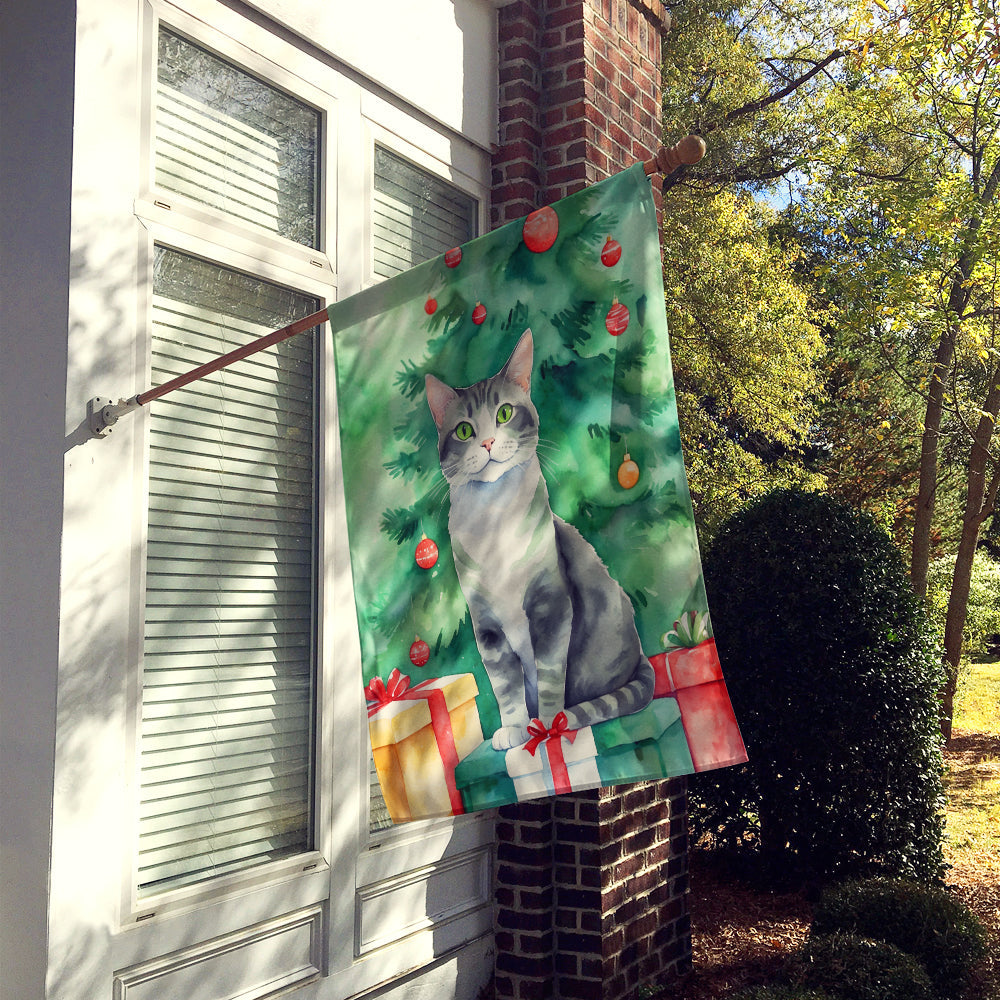 Ural Rex Cat By the Christmas Tree House Flag 28x40 Porch Sleeve Pole Decorative Outside Yard Banner Artwork Wall Hanging, Polyester
