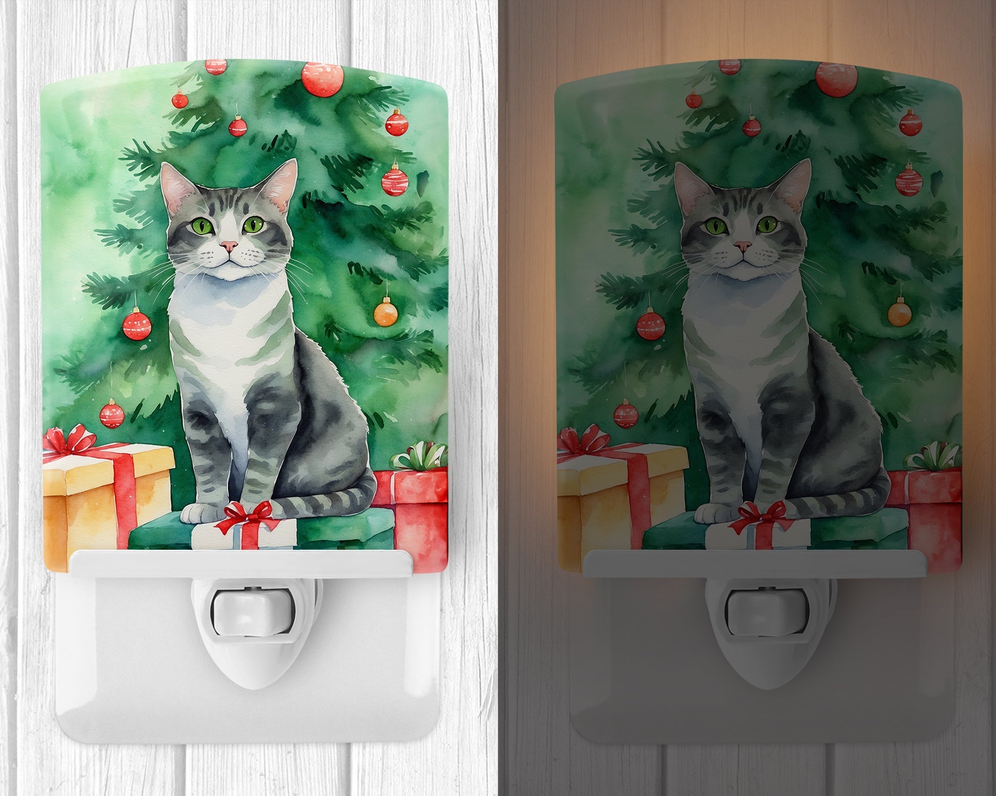 Ural Rex Cat By the Christmas Tree Ceramic Night Light Compact, UL-Certified, Ideal for Bedroom, Bathroom, Nursery, Hallway, Kitchen, 6x4x3, Multicolor