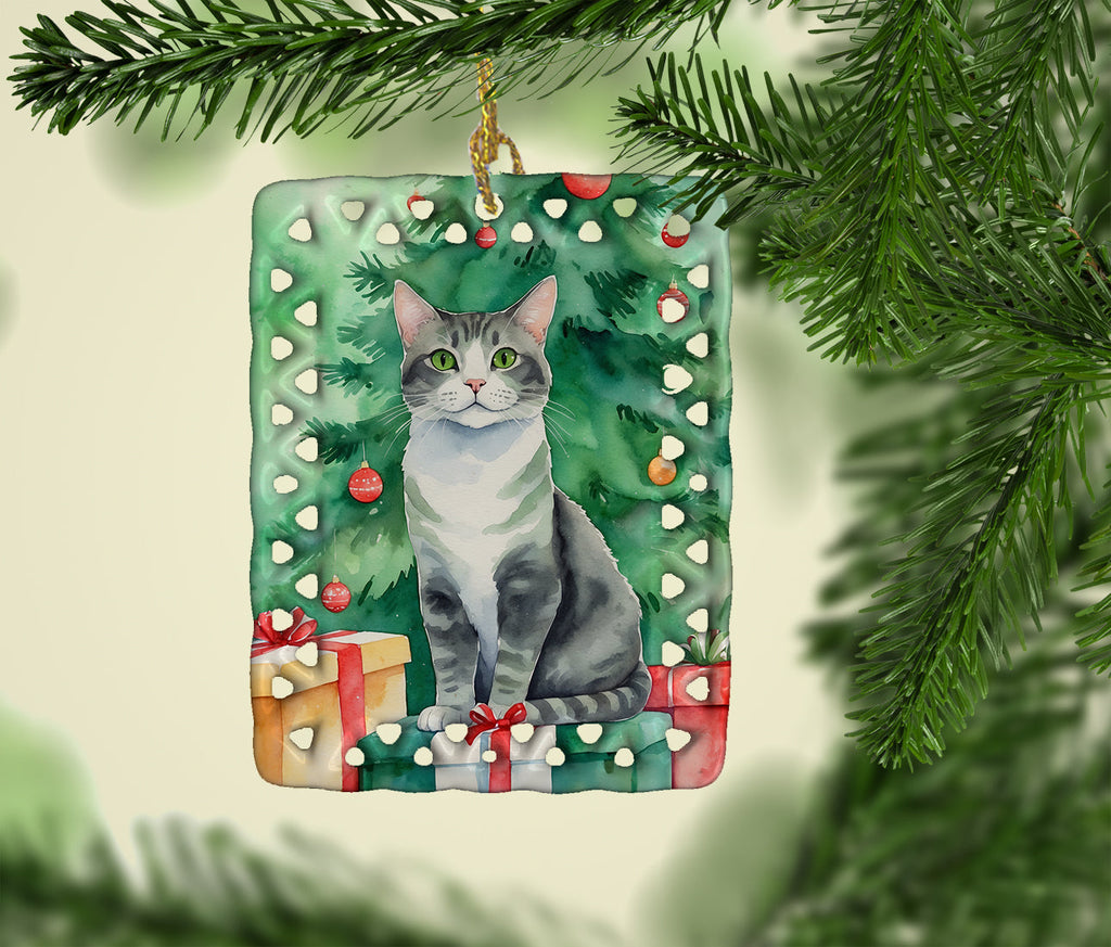 Ural Rex Cat By the Christmas Tree Porcelain Ornament Christmas Tree Hanging Decorations for Home Christmas Holiday, Rectangle, Gift, Multicolor