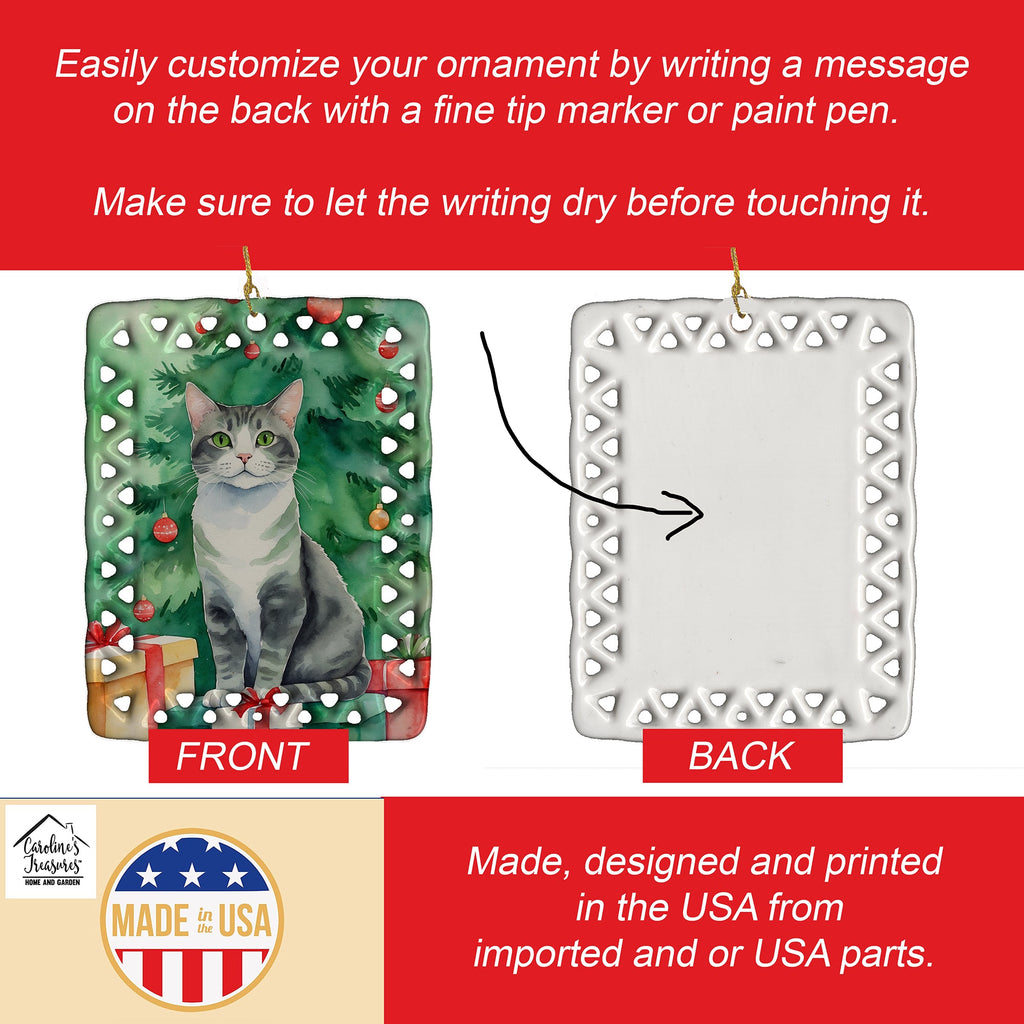 Ural Rex Cat By the Christmas Tree Porcelain Ornament Christmas Tree Hanging Decorations for Home Christmas Holiday, Rectangle, Gift, Multicolor