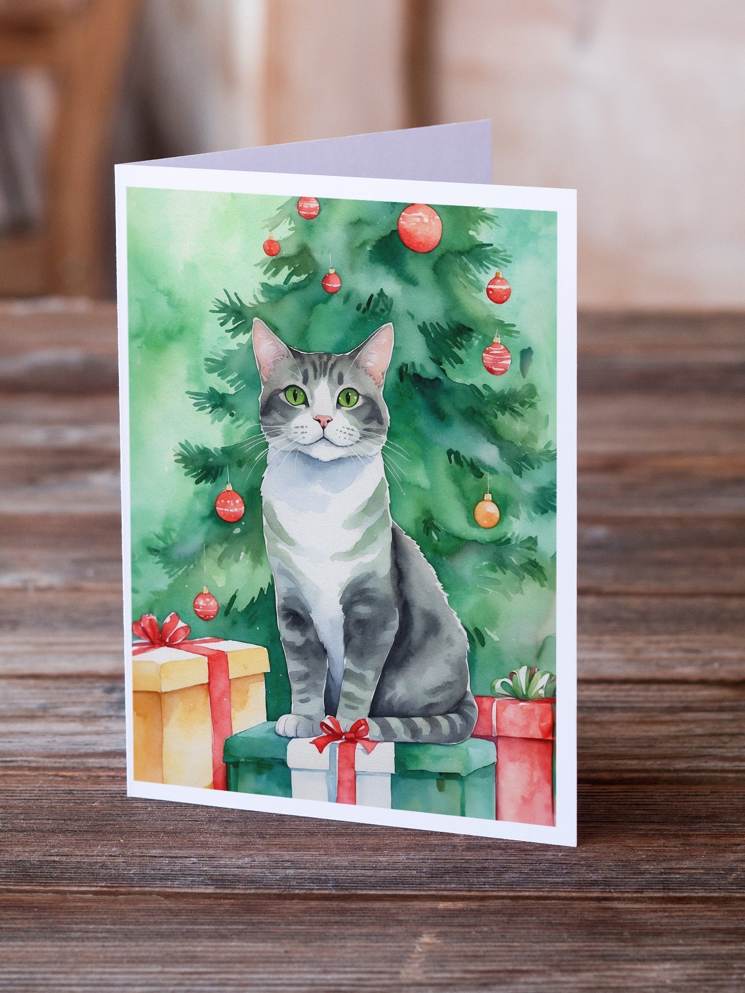Ural Rex Cat By the Christmas Tree Greeting Cards Pack of 8 Blank Cards with Envelopes Whimsical A7 Size 5x7