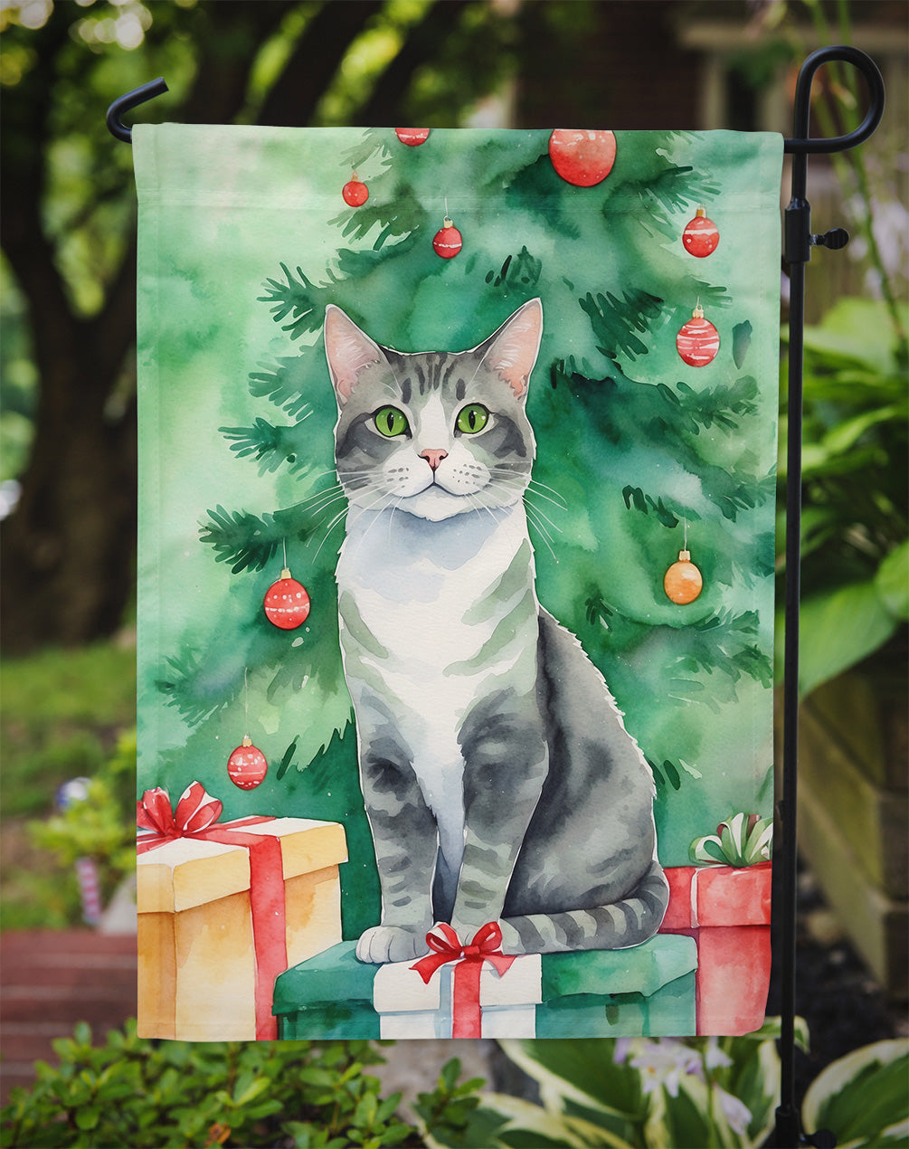 Ural Rex Cat By the Christmas Tree Garden Flag Mailbox Decorative Yard Banner Outside Patio Artwork for Flower Beds, Garden Size, Multicolor