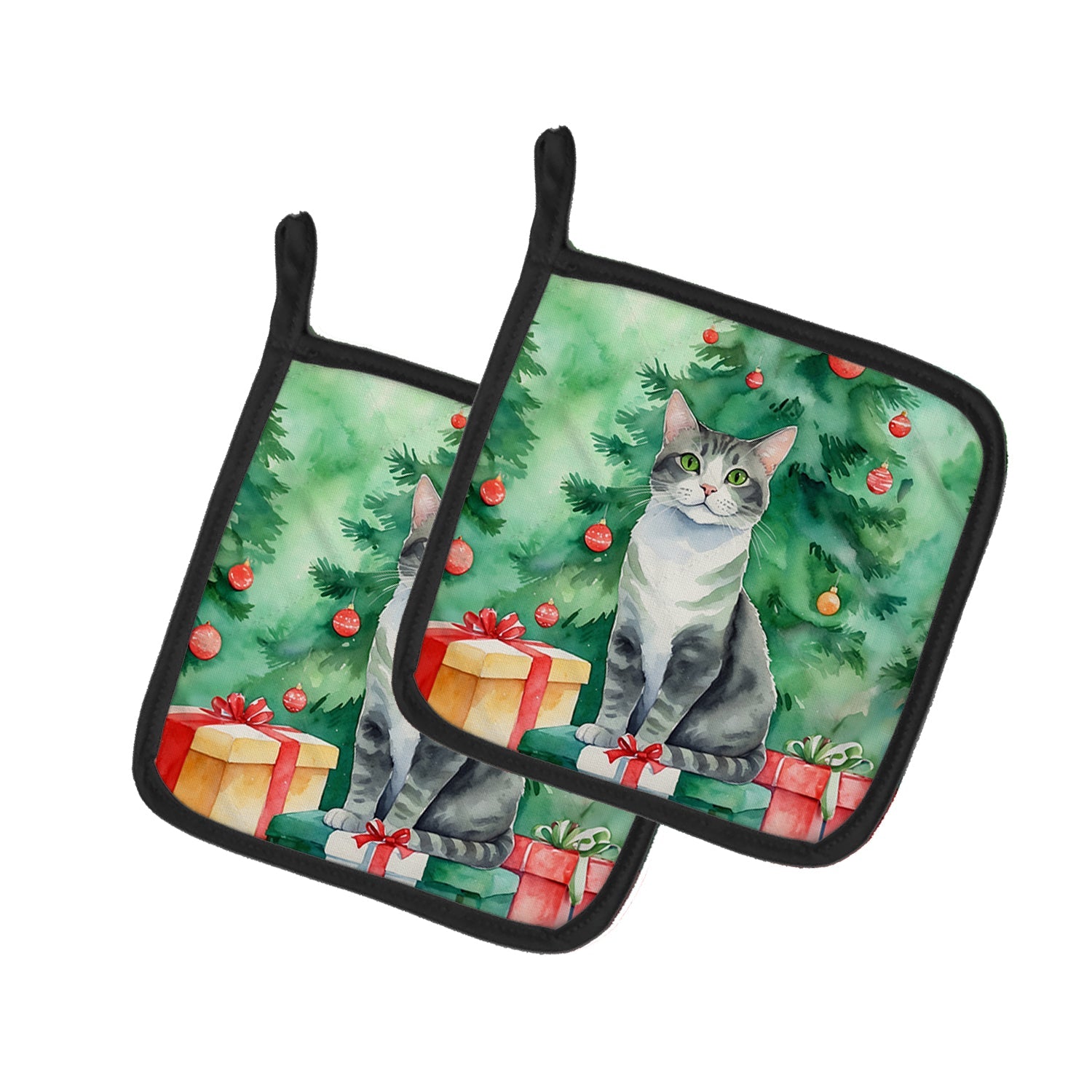 Ural Rex Cat By the Christmas Tree Pot Holder Set of 2 Heat Resistant Quilted Hot Pads 7.5 x 7.5 Inch, Insulated Kitchen Trivets for Cooking & Baking
