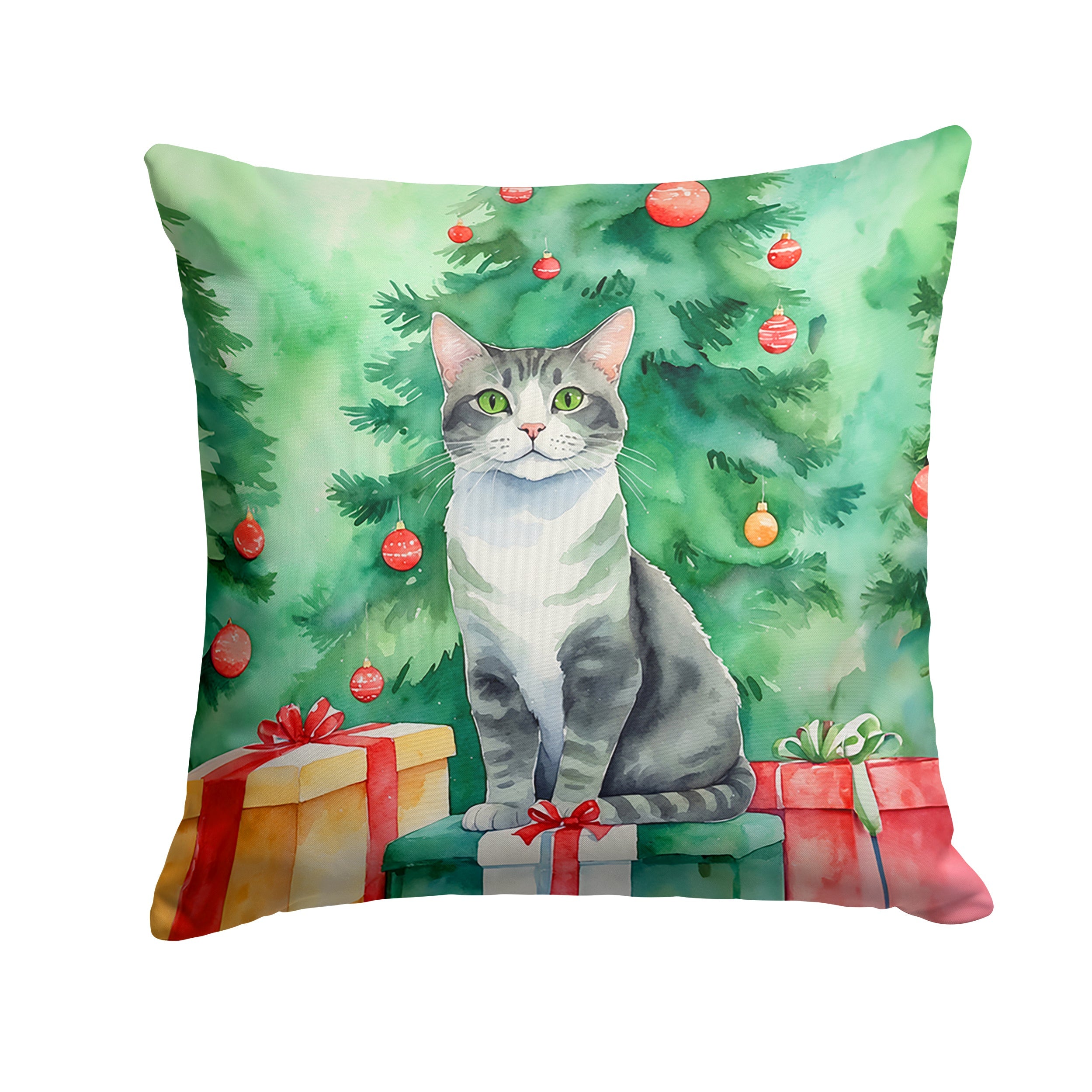 Ural Rex Cat By the Christmas Tree Decorative Throw Pillow 14x14 Indoor Outdoor Accent Cushion, Fabric Cover with Insert for Sofa, Bed, Porch & Living Room