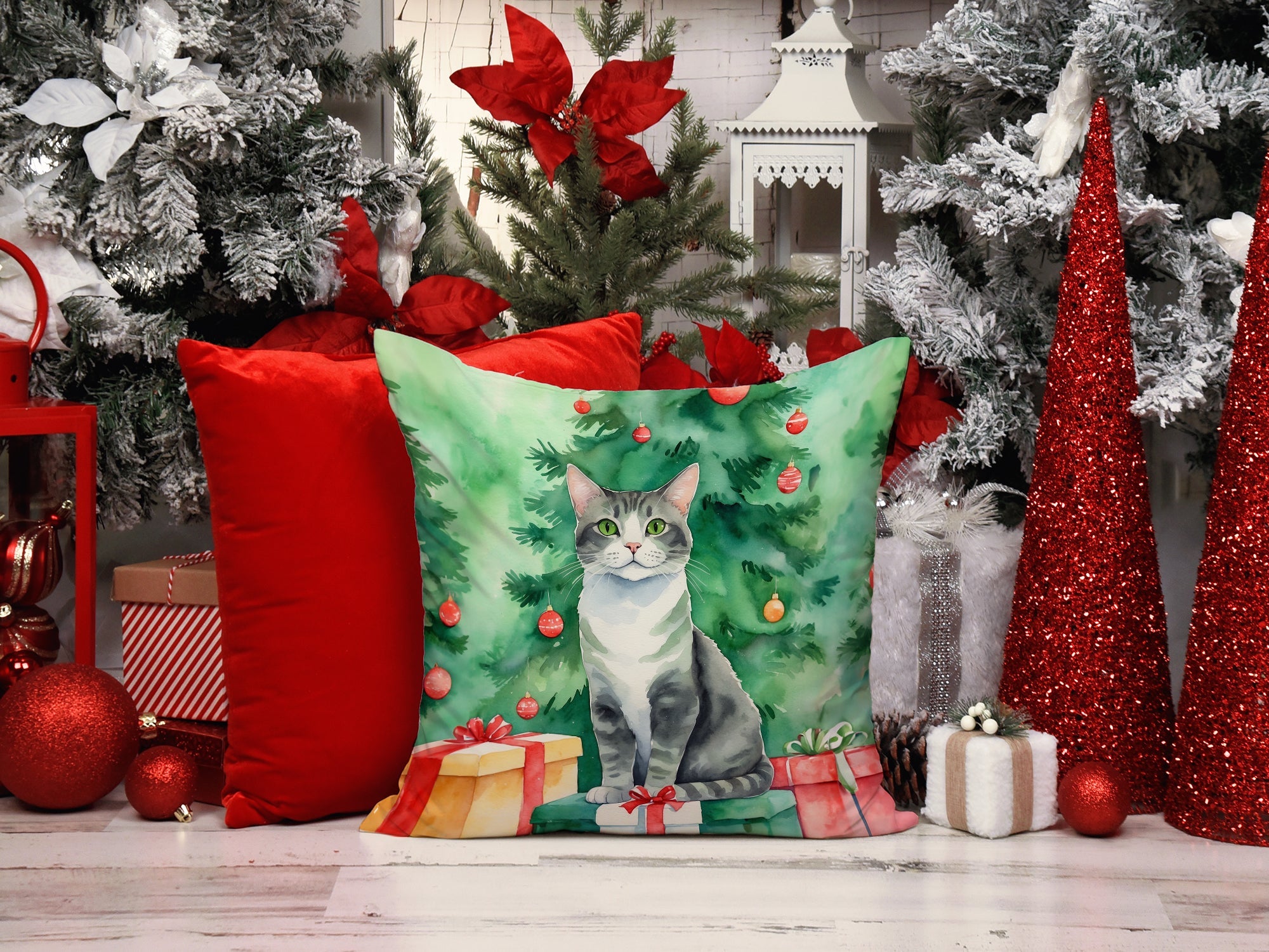 Ural Rex Cat By the Christmas Tree Decorative Throw Pillow 18x18 Indoor Outdoor Accent Cushion, Fabric Cover with Insert for Sofa, Bed, Porch & Living Room