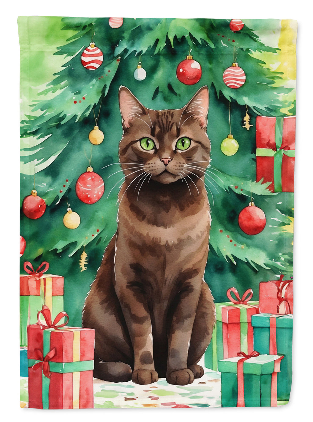 York Chocolate Cat By the Christmas Tree House Flag 28x40 Porch Sleeve Pole Decorative Outside Yard Banner Artwork Wall Hanging, Polyester