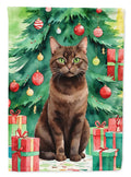 York Chocolate Cat By the Christmas Tree House Flag 28x40 Porch Sleeve Pole Decorative Outside Yard Banner Artwork Wall Hanging, Polyester