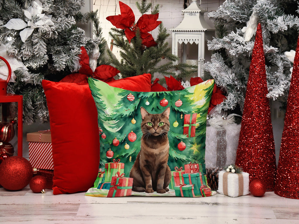 York Chocolate Cat By the Christmas Tree Decorative Throw Pillow 18x18 Indoor Outdoor Accent Cushion, Fabric Cover with Insert for Sofa, Bed, Porch & Living Room