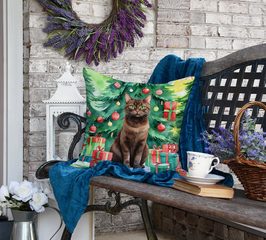 York Chocolate Cat By the Christmas Tree Decorative Throw Pillow 18x18 Indoor Outdoor Accent Cushion, Fabric Cover with Insert for Sofa, Bed, Porch & Living Room