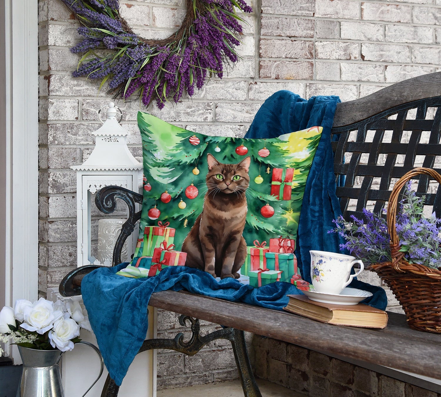 York Chocolate Cat By the Christmas Tree Decorative Throw Pillow 18x18 Indoor Outdoor Accent Cushion, Fabric Cover with Insert for Sofa, Bed, Porch & Living Room