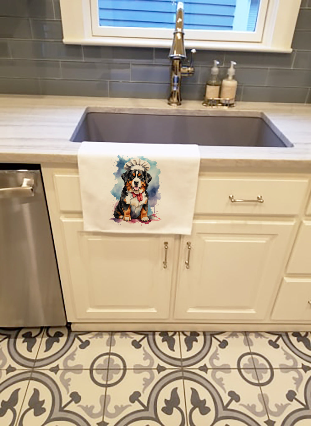 Bernese Mountain Dog Chef Kitchen Towel Set of 2 White Dish Towels Decorative Bathroom Hand towel for Hand, Face, Hair, Yoga, Tea, Dishcloth, 19 X 28", White
