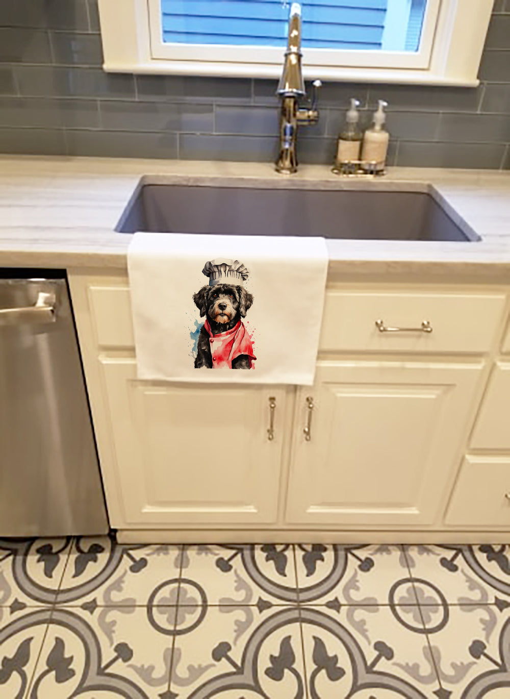 Portuguese Water Dog Chef Kitchen Towel Set of 2 White Dish Towels Decorative Bathroom Hand towel for Hand, Face, Hair, Yoga, Tea, Dishcloth, 19 X 28", White