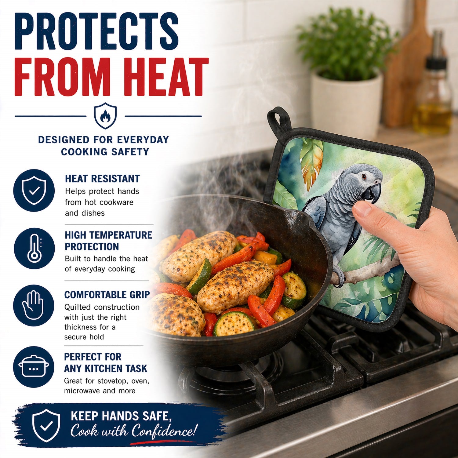 African Grey Parrot Pot Holder Set of 2 Heat Resistant Quilted Hot Pads 7.5 x 7.5 Inch, Insulated Kitchen Trivets for Cooking & Baking