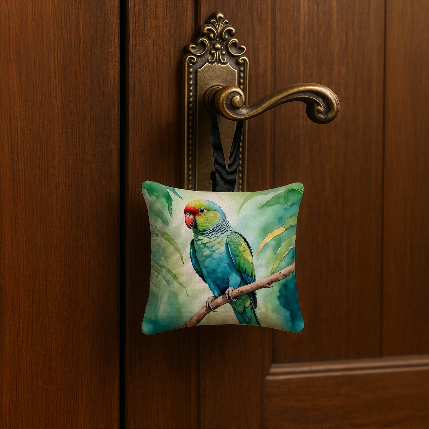 African Ringneck Parrot Hanging Square Fabric Ornament 3.5 × 3.5 Decorative Door-Knob & Tree Hanger, Soft Fabric