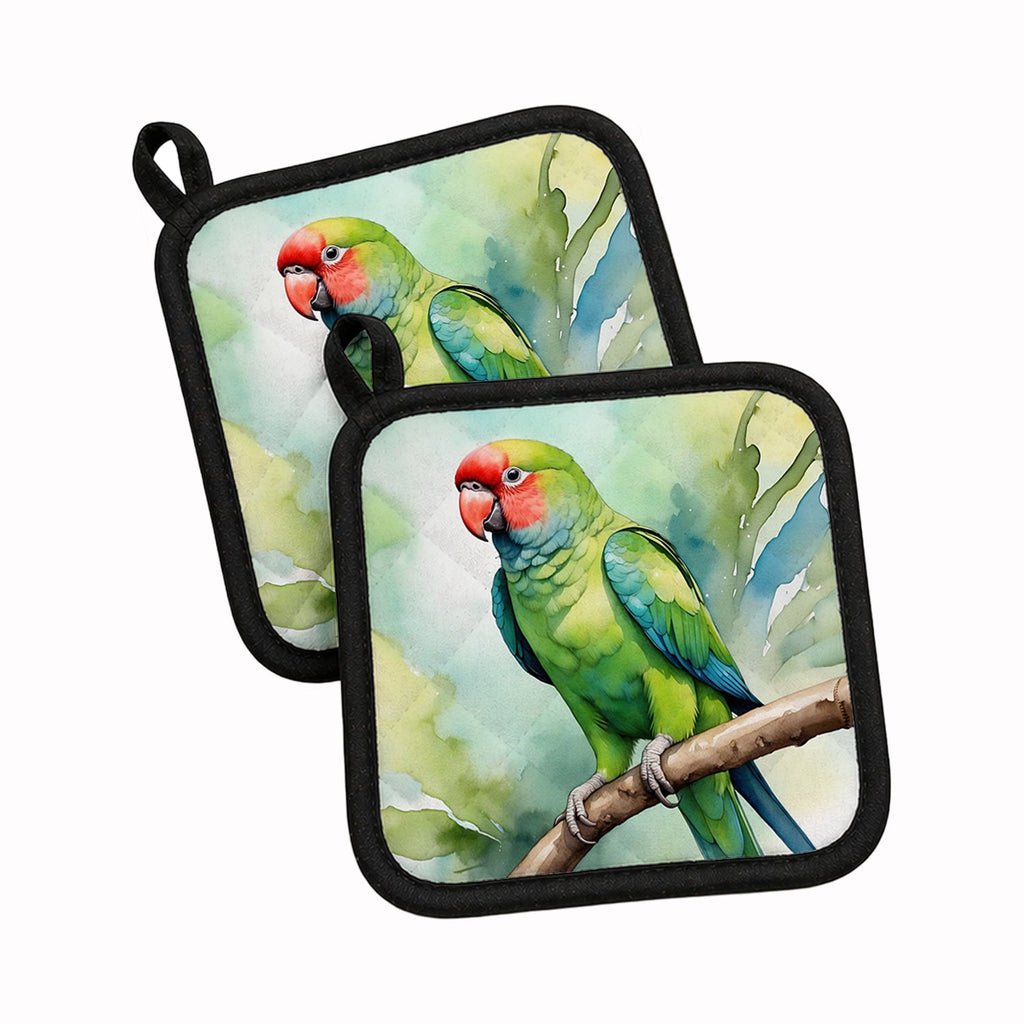 African Ringneck Parrot Pot Holder Set of 2 Heat Resistant Quilted Hot Pads 7.5 x 7.5 Inch, Insulated Kitchen Trivets for Cooking & Baking