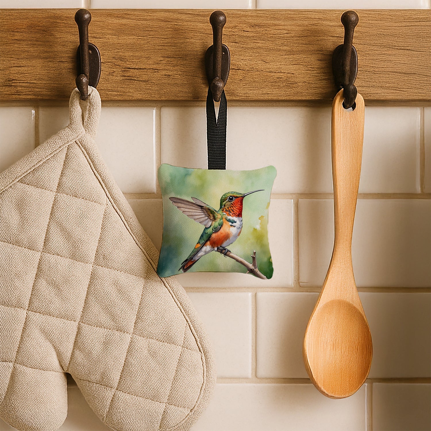 Allens Hummingbird Hanging Square Fabric Ornament 3.5 × 3.5 Decorative Door-Knob & Tree Hanger, Soft Fabric