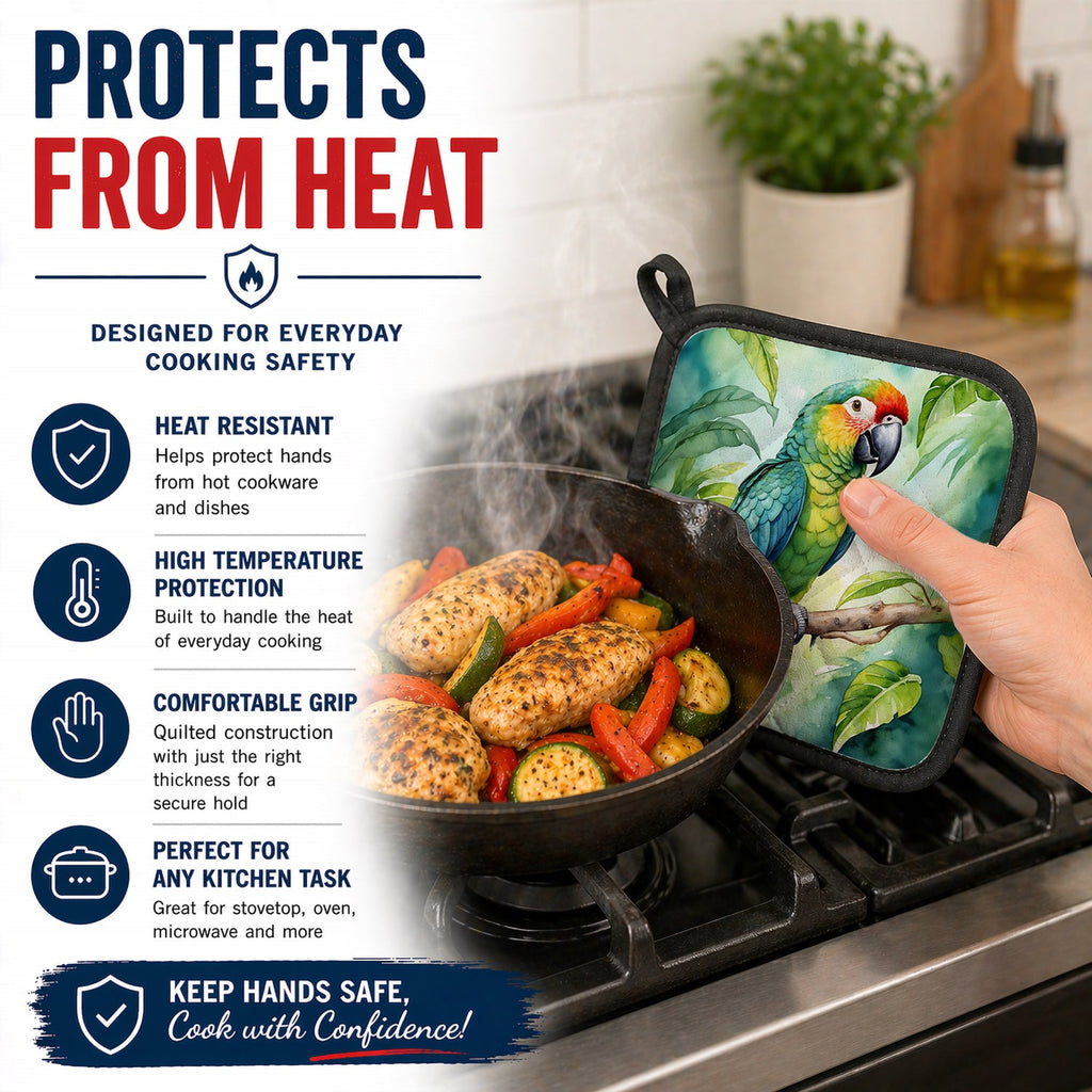 Amazon Parrot Pot Holder Set of 2 Heat Resistant Quilted Hot Pads 7.5 x 7.5 Inch, Insulated Kitchen Trivets for Cooking & Baking