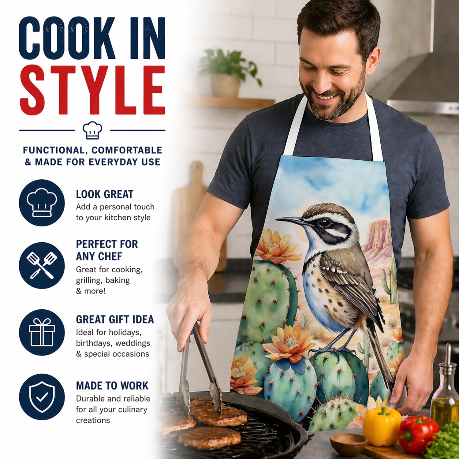 Arizona Cactus Wren Apron Cooking Kitchen Server Baking Crafts Gardening for Adult Women Men, Unisex, Large, Multicolor