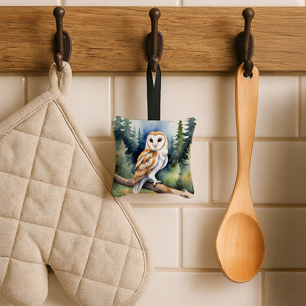 Barn Owl Hanging Square Fabric Ornament 3.5 × 3.5 Decorative Door-Knob & Tree Hanger, Soft Fabric