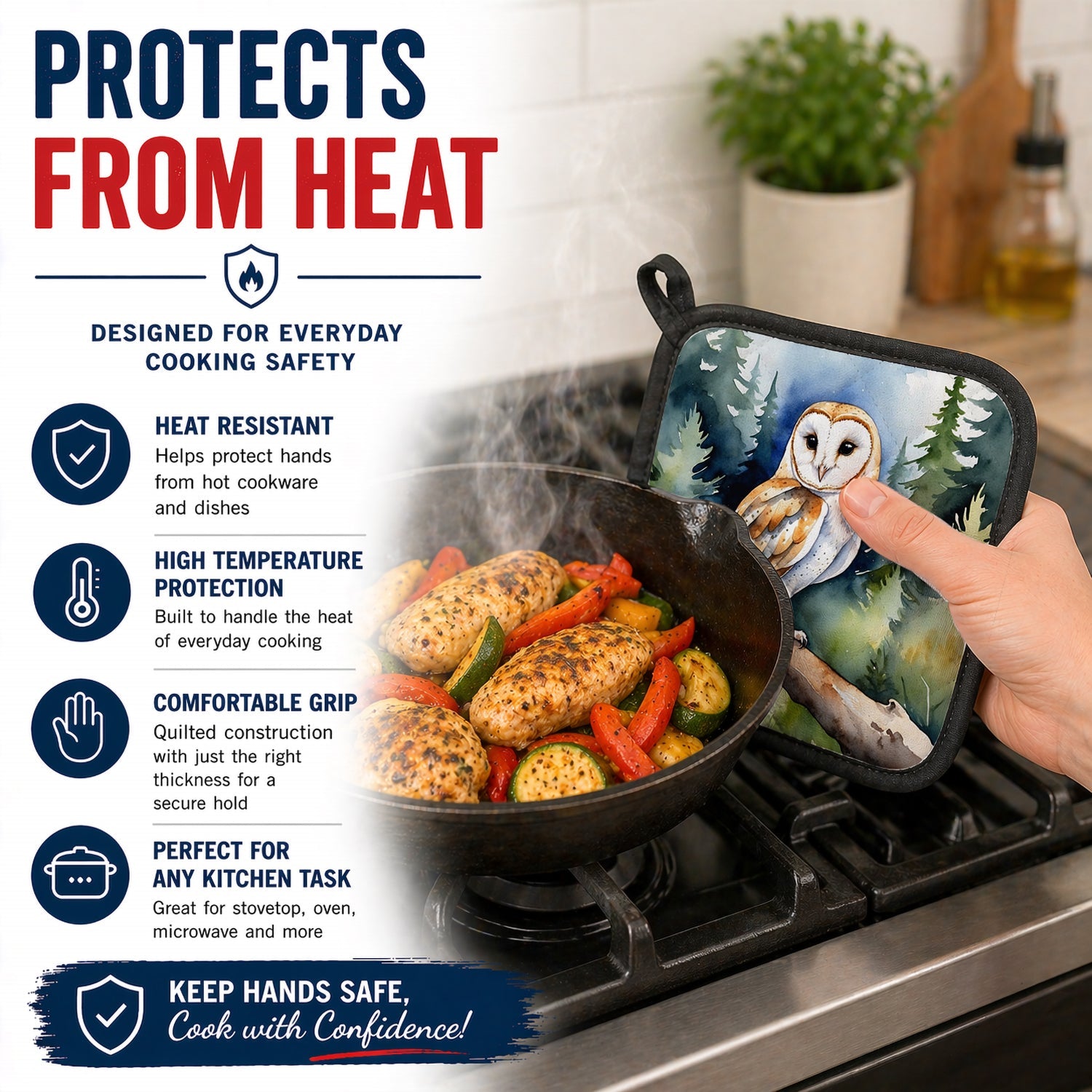 Barn Owl Pot Holder Set of 2 Heat Resistant Quilted Hot Pads 7.5 x 7.5 Inch, Insulated Kitchen Trivets for Cooking & Baking