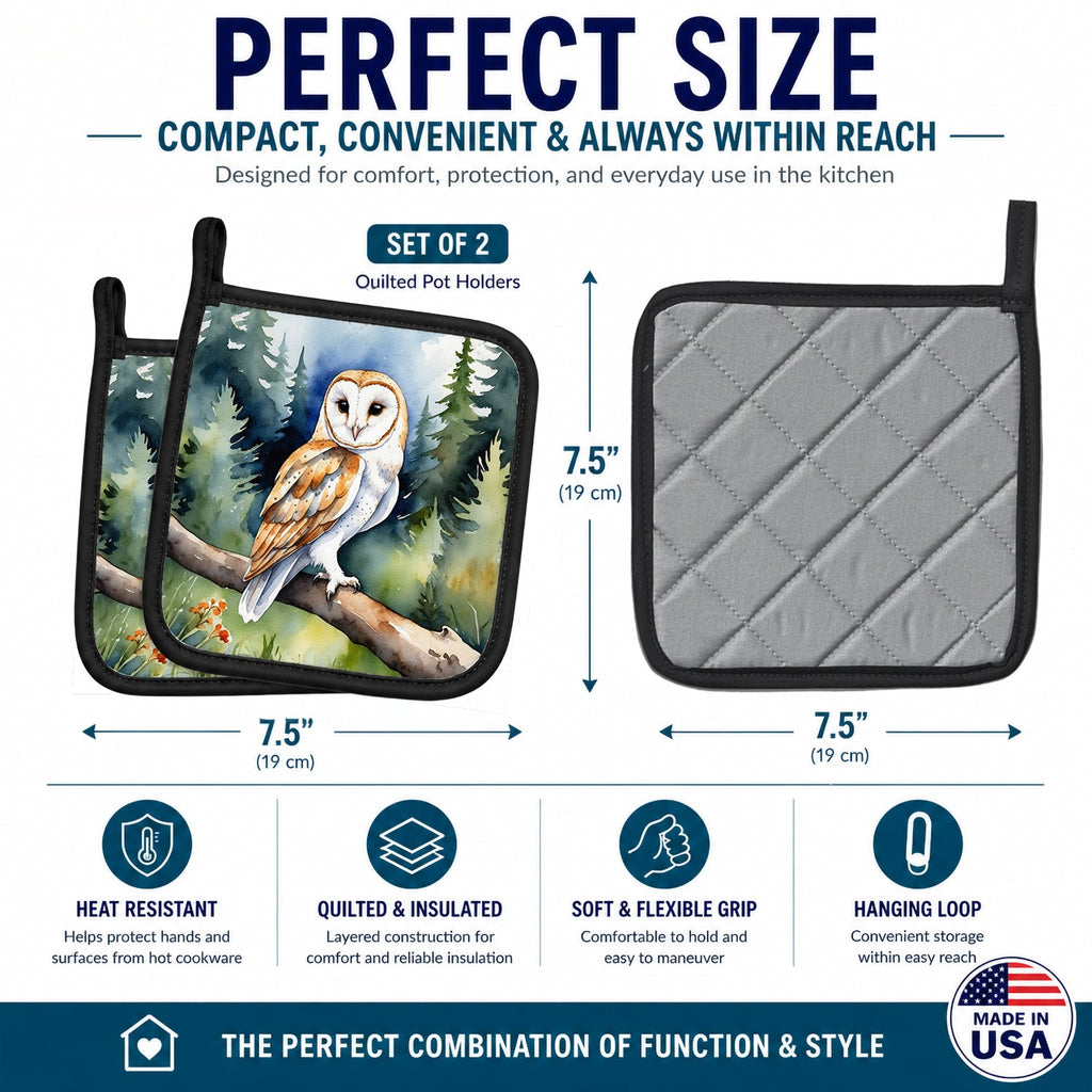 Barn Owl Pot Holder Set of 2 Heat Resistant Quilted Hot Pads 7.5 x 7.5 Inch, Insulated Kitchen Trivets for Cooking & Baking