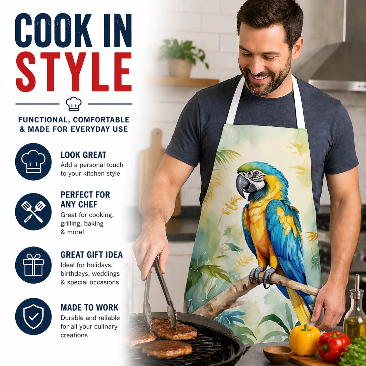 Blue and Gold Macaw Apron Cooking Kitchen Server Baking Crafts Gardening for Adult Women Men, Unisex, Large, Multicolor