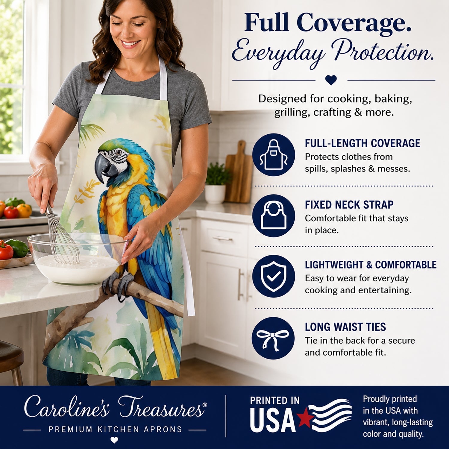 Blue and Gold Macaw Apron Cooking Kitchen Server Baking Crafts Gardening for Adult Women Men, Unisex, Large, Multicolor