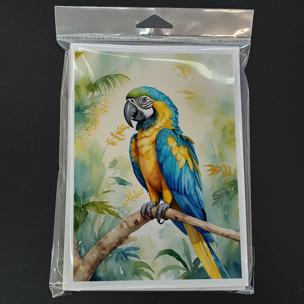 Blue and Gold Macaw Greeting Cards Pack of 8 Blank Cards with Envelopes Whimsical A7 Size 5x7