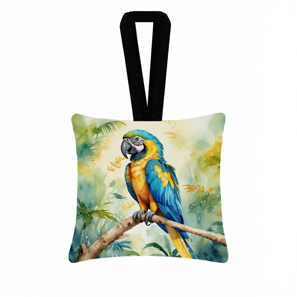 Blue and Gold Macaw Hanging Square Fabric Ornament 3.5 × 3.5 Decorative Door-Knob & Tree Hanger, Soft Fabric