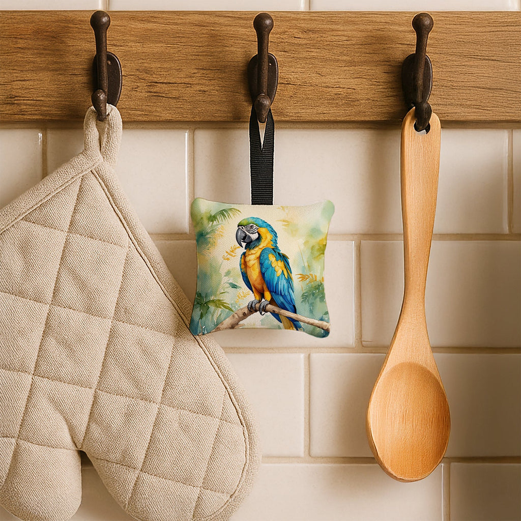 Blue and Gold Macaw Hanging Square Fabric Ornament 3.5 × 3.5 Decorative Door-Knob & Tree Hanger, Soft Fabric