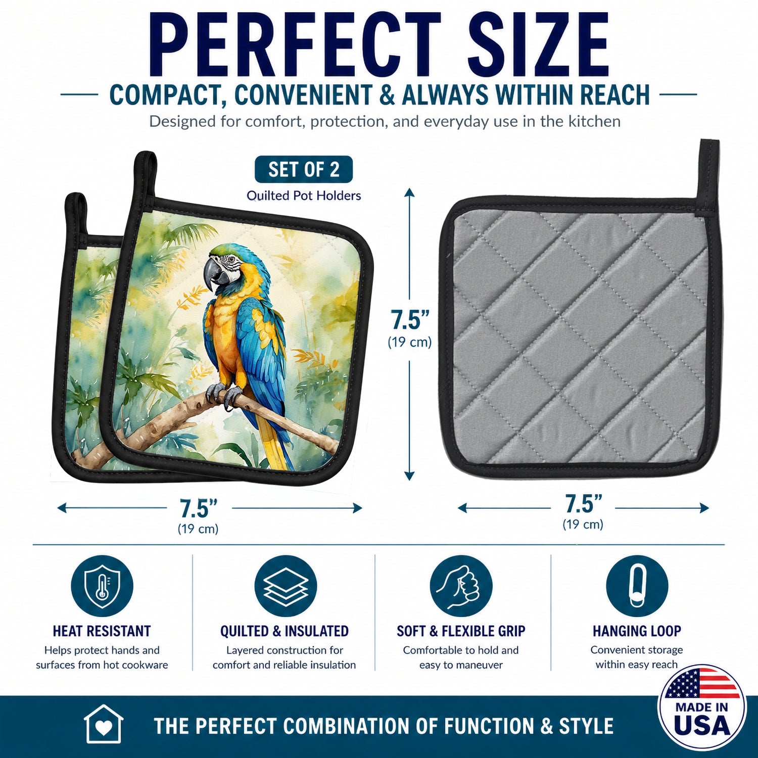 Blue and Gold Macaw Pot Holder Set of 2 Heat Resistant Quilted Hot Pads 7.5 x 7.5 Inch, Insulated Kitchen Trivets for Cooking & Baking