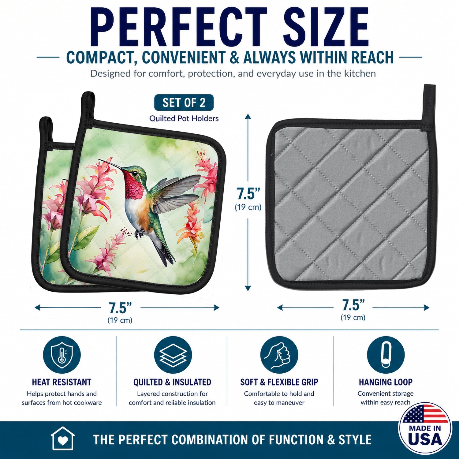 Broadtailed Hummingbird Pot Holder Set of 2 Heat Resistant Quilted Hot Pads 7.5 x 7.5 Inch, Insulated Kitchen Trivets for Cooking & Baking