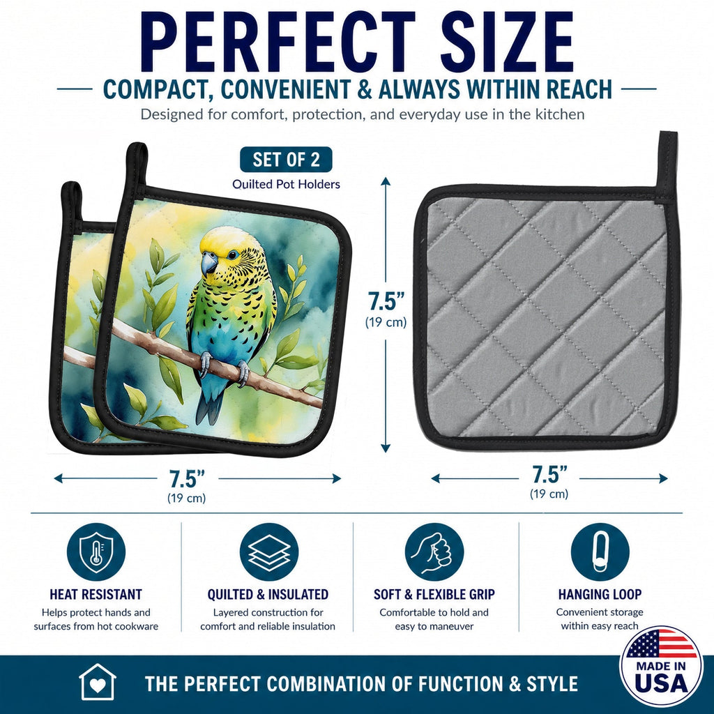 Budgerigar Pot Holder Set of 2 Heat Resistant Quilted Hot Pads 7.5 x 7.5 Inch, Insulated Kitchen Trivets for Cooking & Baking