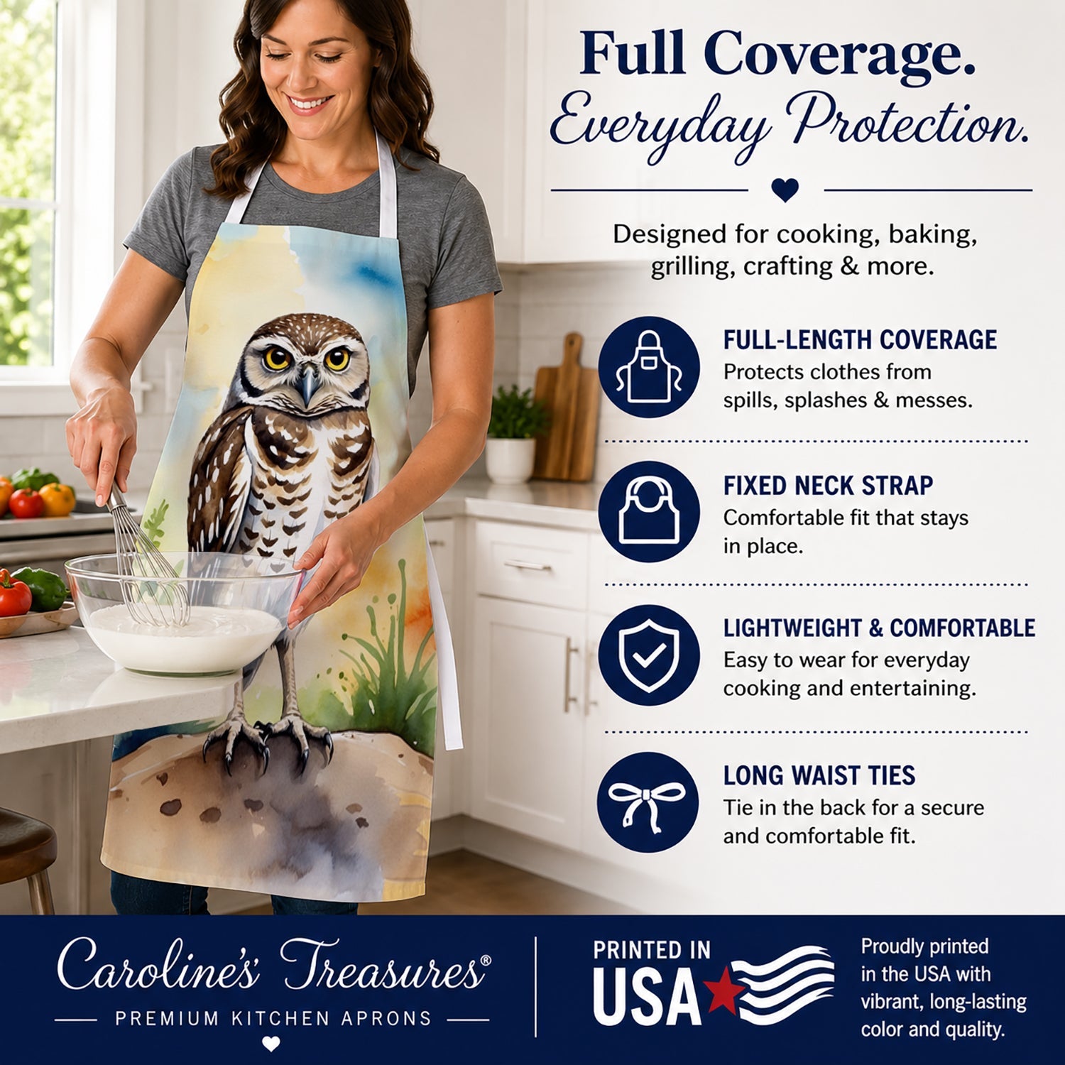 Burrowing Owl Apron Cooking Kitchen Server Baking Crafts Gardening for Adult Women Men, Unisex, Large, Multicolor