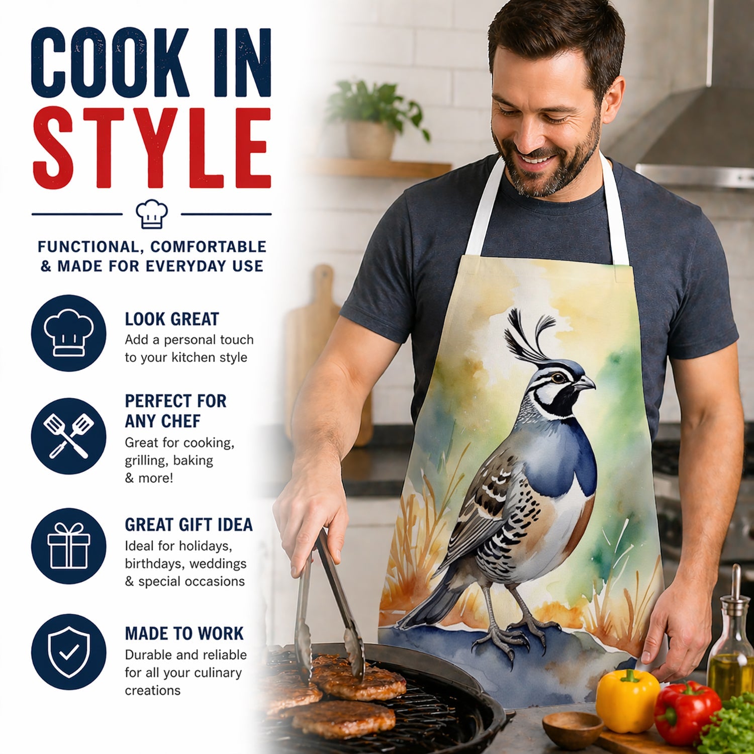 California Quail Apron Cooking Kitchen Server Baking Crafts Gardening for Adult Women Men, Unisex, Large, Multicolor