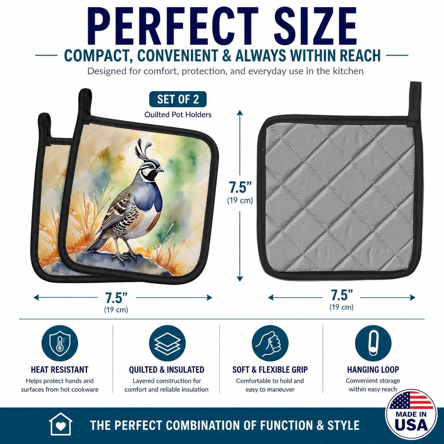 California Quail Pot Holder Set of 2 Heat Resistant Quilted Hot Pads 7.5 x 7.5 Inch, Insulated Kitchen Trivets for Cooking & Baking