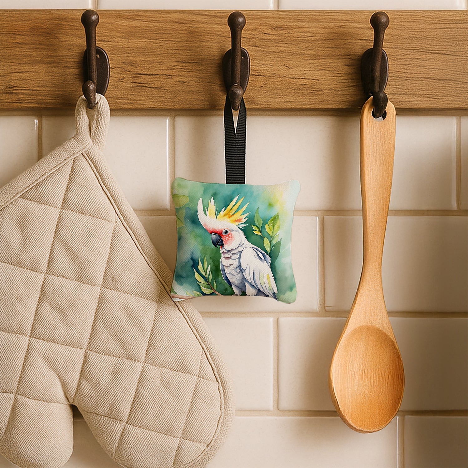 Cockatoo Hanging Square Fabric Ornament 3.5 × 3.5 Decorative Door-Knob & Tree Hanger, Soft Fabric