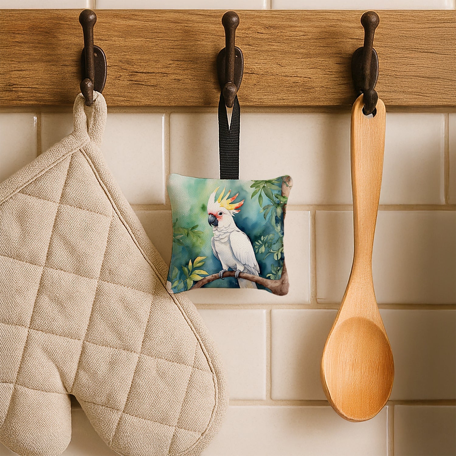 Cockatoo Hanging Square Fabric Ornament 3.5 × 3.5 Decorative Door-Knob & Tree Hanger, Soft Fabric