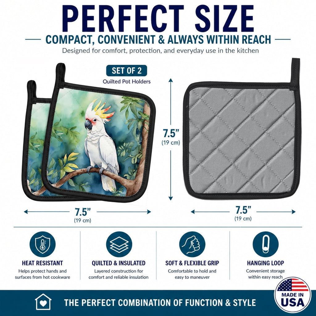 Cockatoo Pot Holder Set of 2 Heat Resistant Quilted Hot Pads 7.5 x 7.5 Inch, Insulated Kitchen Trivets for Cooking & Baking