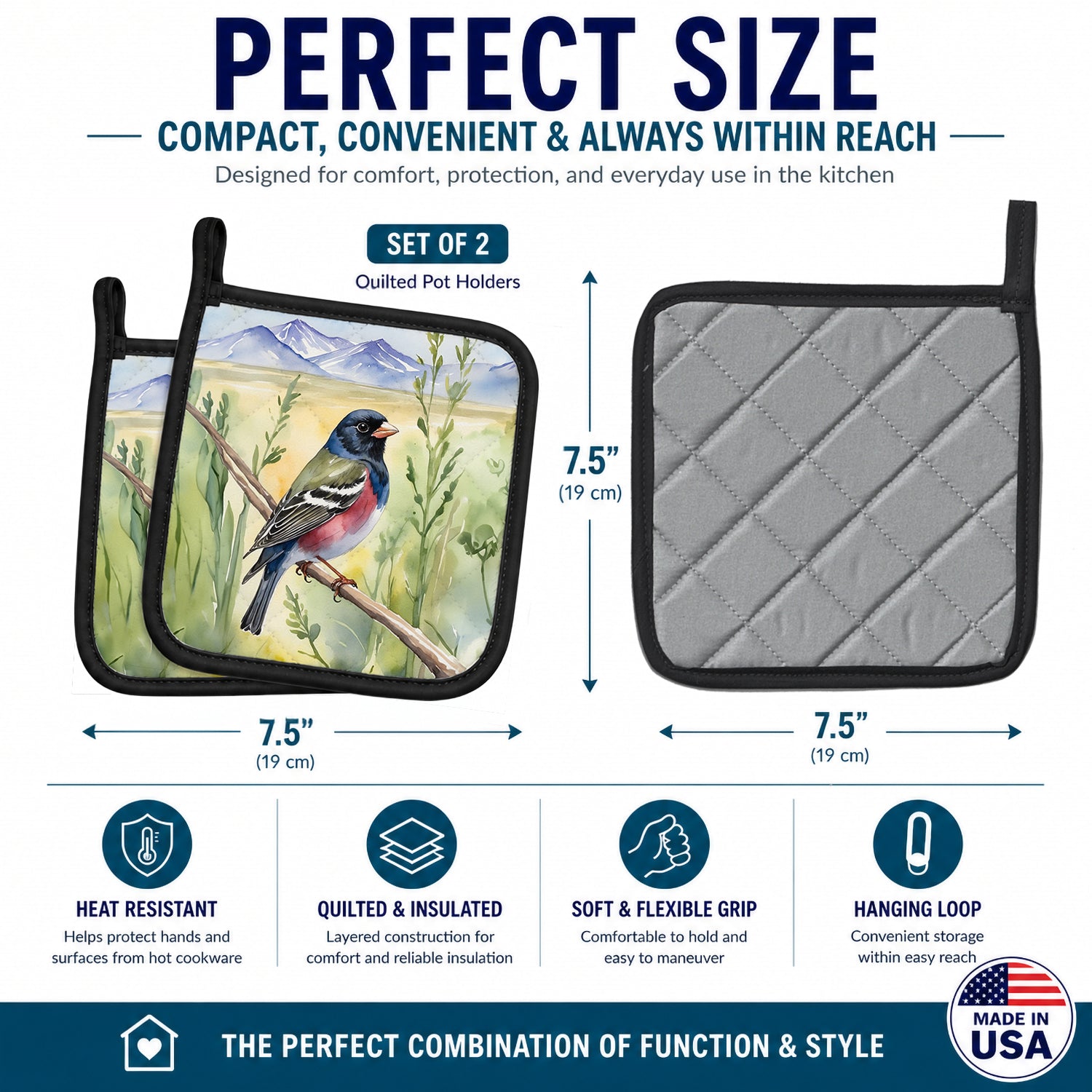 Colorado Lark Bunting Pot Holder Set of 2 Heat Resistant Quilted Hot Pads 7.5 x 7.5 Inch, Insulated Kitchen Trivets for Cooking & Baking